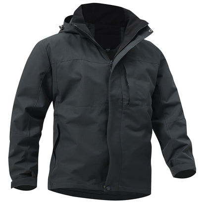 Schwarze wasserdichte Outdoor-Jacke mit Kapuze, Reißverschluss und Brusttasche. Ideal für Wandern und Trekking bei jedem Wetter.