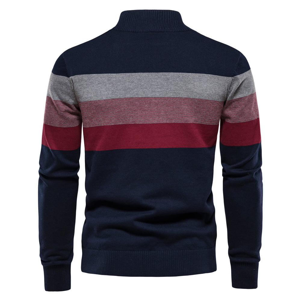 Gestreifter Herrenpullover in Blau, Grau und Rot, Langarm, aus Baumwolle, modisches Design, ideal für Herbst und Winter.