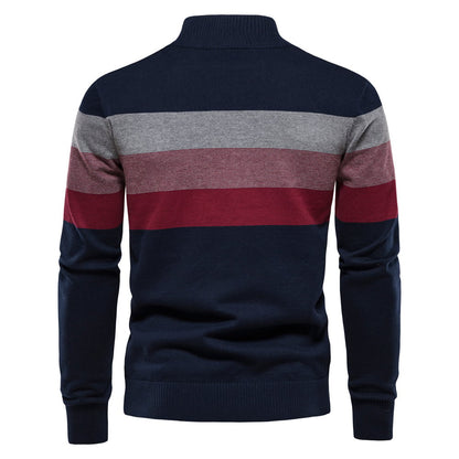Gestreifter Herrenpullover in Blau, Grau und Rot, Langarm, aus Baumwolle, modisches Design, ideal für Herbst und Winter.