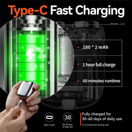 Type-C Schnellladung, 180° ± 2 mAh, 1 Stunde volle Ladung, 60 Minuten Laufzeit, USB-C-Anschluss, 30-60 Tage Nutzung, effizientes Laden.