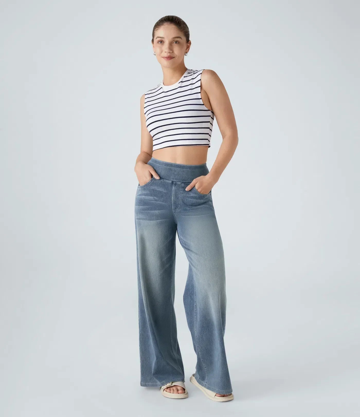 Women's Pants with High Waist and Elastic Waistband