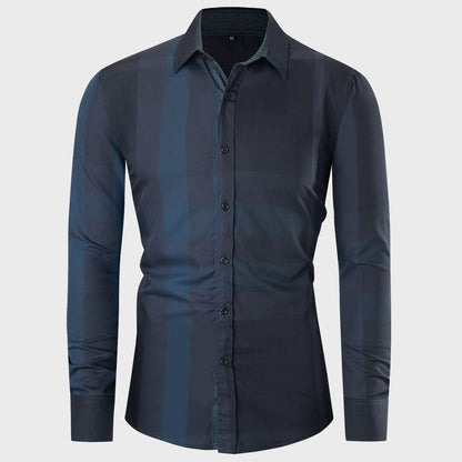 Men's long-sleeve cardigan shirt with checkered pattern and color block design