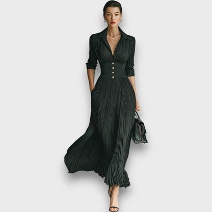 Damen-Maxikleid Mit Langen Ärmeln, Faltenrock, Wendekragen Und Knopfleiste
