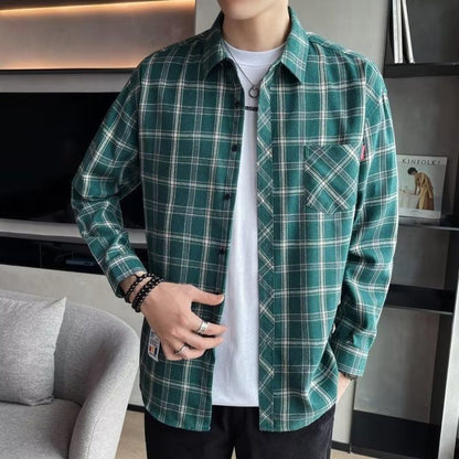 Long-sleeved checked men's shirt for spring with a slim fit