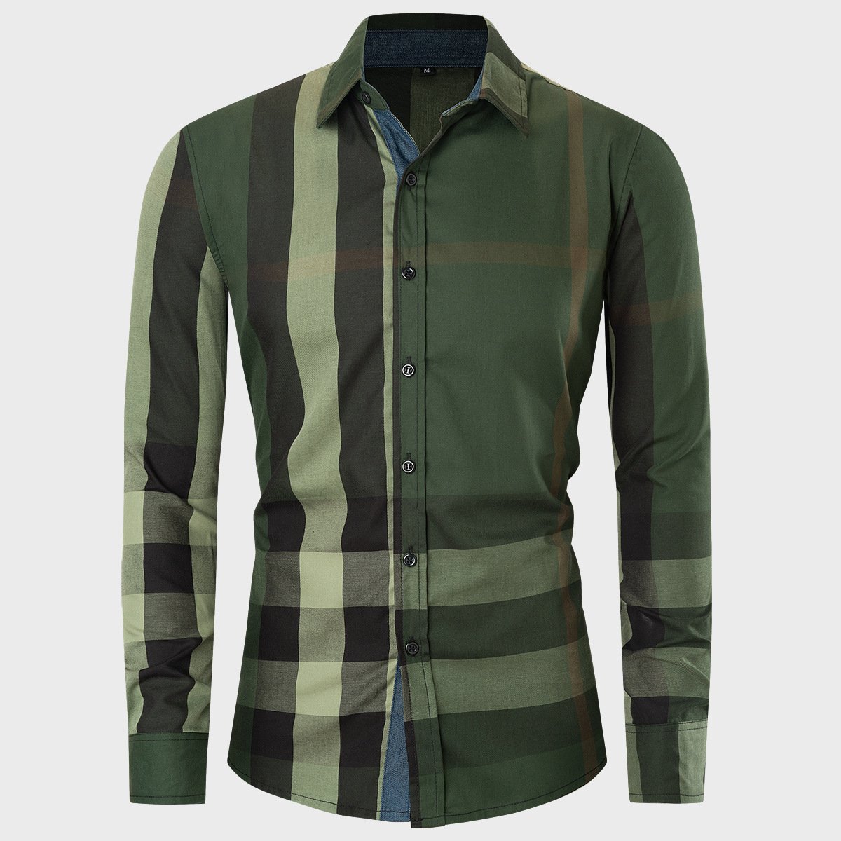 Men's long-sleeve cardigan shirt with checkered pattern and color block design