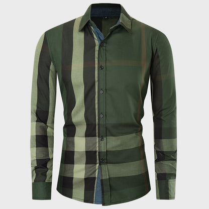 Men's long-sleeve cardigan shirt with checkered pattern and color block design