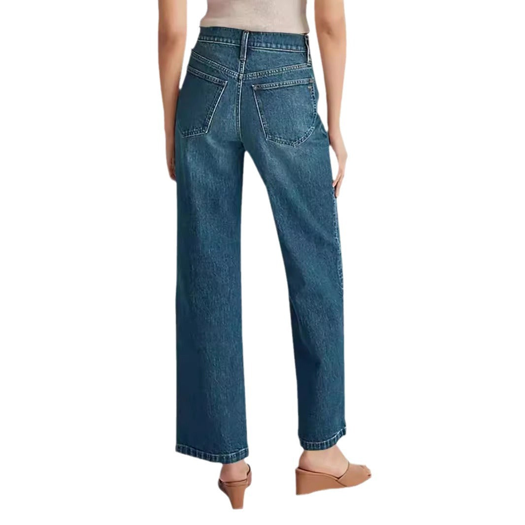 Damen Hochtaillen-Weitbein-Jeans mit Used-Effekten und eckigen Taschen