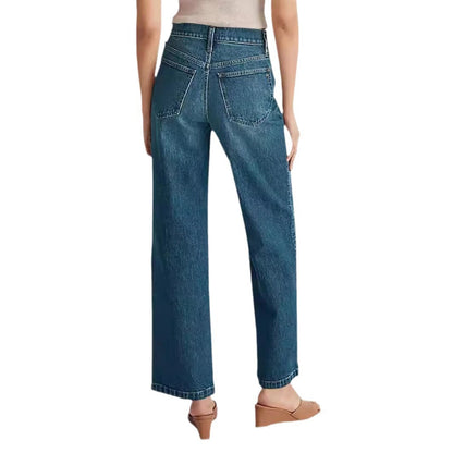 Damen Hochtaillen-Weitbein-Jeans mit Used-Effekten und eckigen Taschen