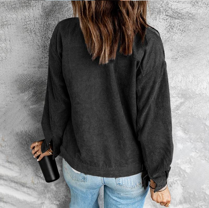 Women's corduroy shirt jacket with single-row button placket and long sleeves