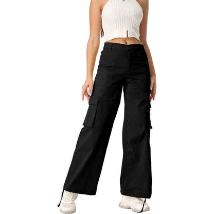 Damen-Hose mit hohem Bund, weitem Bein und Seitentaschen