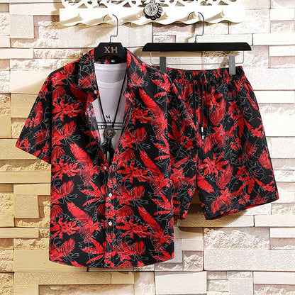 Men's Printed Short-Sleeve Shirt and Shorts, Two-Piece Cotton Blend Set, Street Style Outfit, Lightweight Summer Clothing