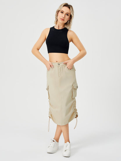 Damen Cargo-Midirock mit hohem Bund, Frontschlitz und mehreren Taschen