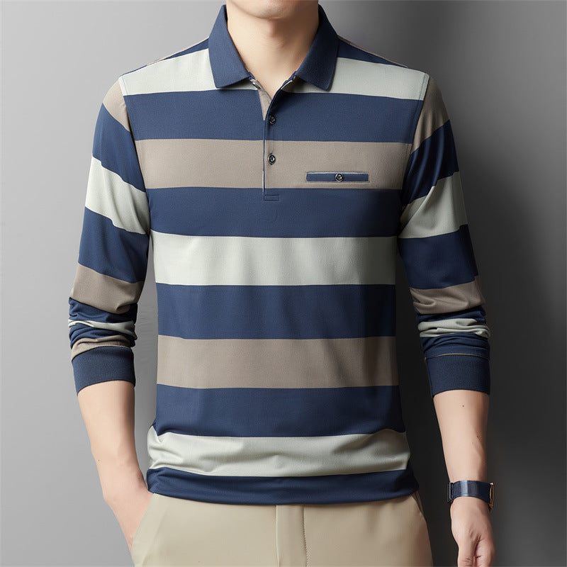 Men's Spring Long-Sleeve Shirt Color-Blocked Striped with Polo Collar