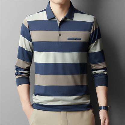 Men's Spring Long-Sleeve Shirt Color-Blocked Striped with Polo Collar