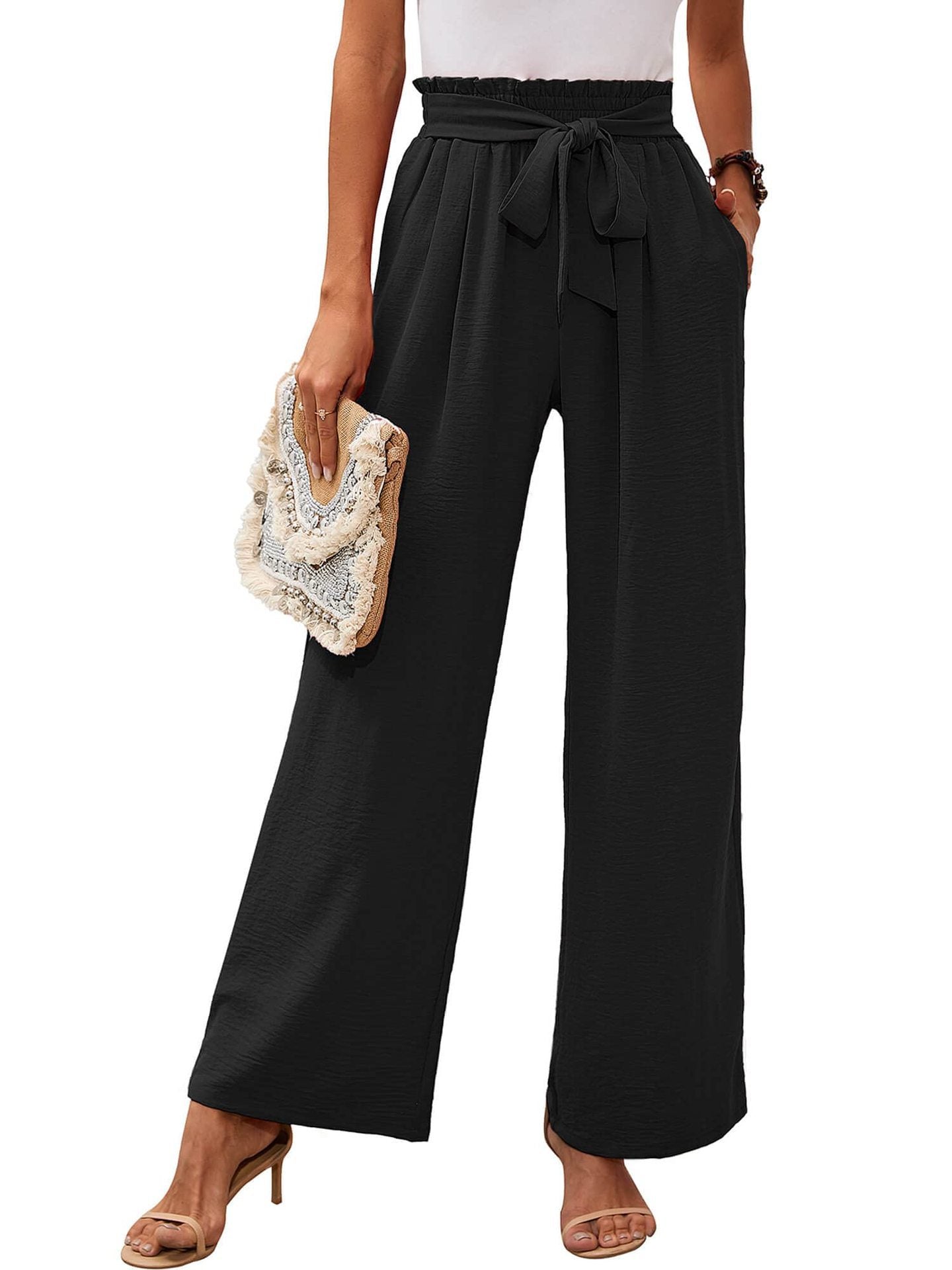 Damen-Hose mit hohem Bund, geknotetem Bund und weitem Bein – Klassischer Stil