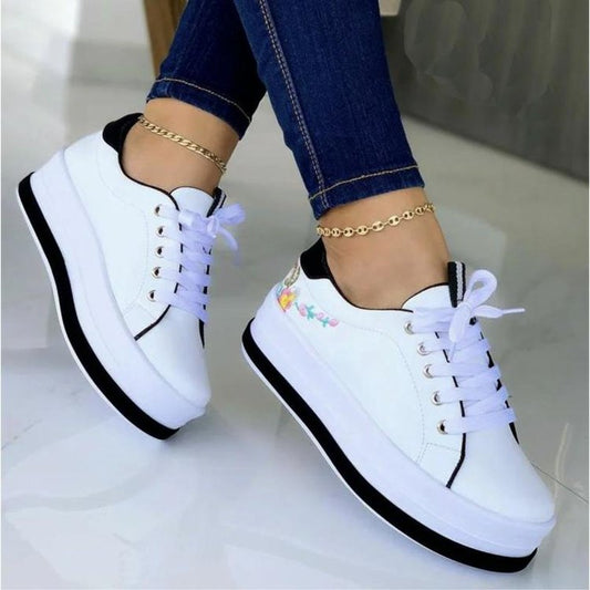 Women's Platform Sneakers with Flower Embroidery, Round Toe, and Lace-Up Design