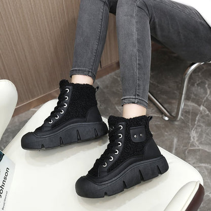 Women's winter high-top sneakers with laces, round toe, and non-slip rubber sole