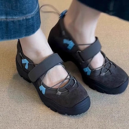Damen Mary Jane Schuhe Mit Klettverschluss, Dicker Sohle Und Runder Zehenpartie