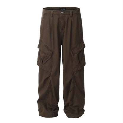 Men's Work Pants with Wide Legs, Multiple Pockets, Straight Fit, Mid-Rise Waist, and Belt