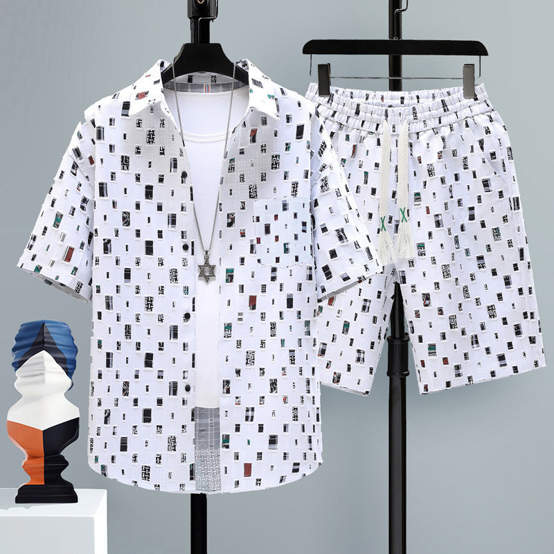 Men's Summer Sport Short-Sleeve Two-Piece Set Straight-Cut Shorts Matching Outfit