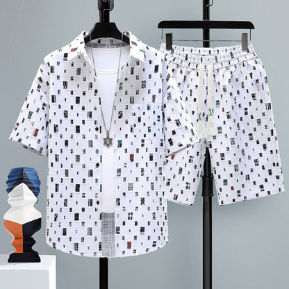 Men's Summer Sport Short-Sleeve Two-Piece Set Straight-Cut Shorts Matching Outfit