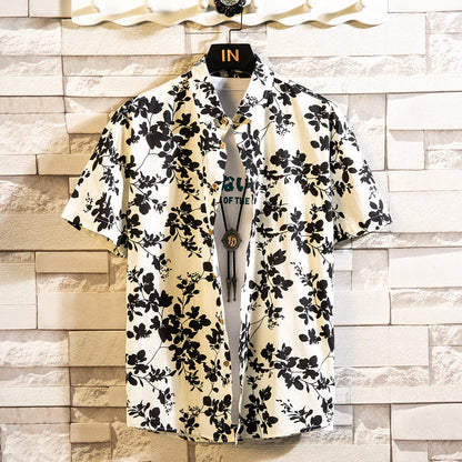 Herren Sommerhemd Mit Blumenmuster, Kurzarm, Reverskragen, Schmaler Passform, Cardigan-Stil, Mehrfarbig