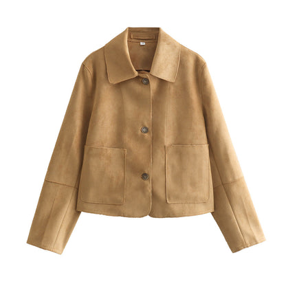 Damen Langarmjacke aus Kunstwildleder mit eckigem Kragen und Fronttaschen