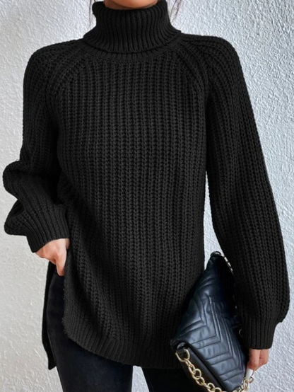 Women's Turtleneck Sweater with Raglan Sleeves and Slit Hem – Cotton Blend