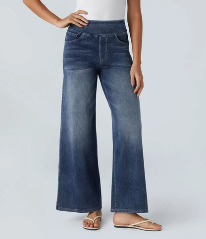 Damen High Waist Stretch Jeans mit Geradem Bein