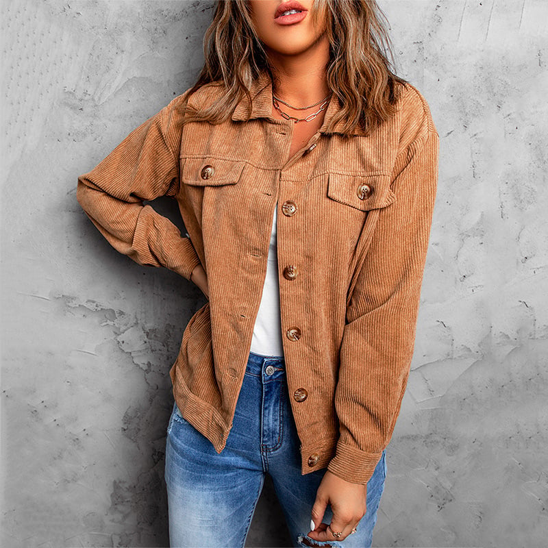 Women's corduroy shirt jacket with single-row button placket and long sleeves