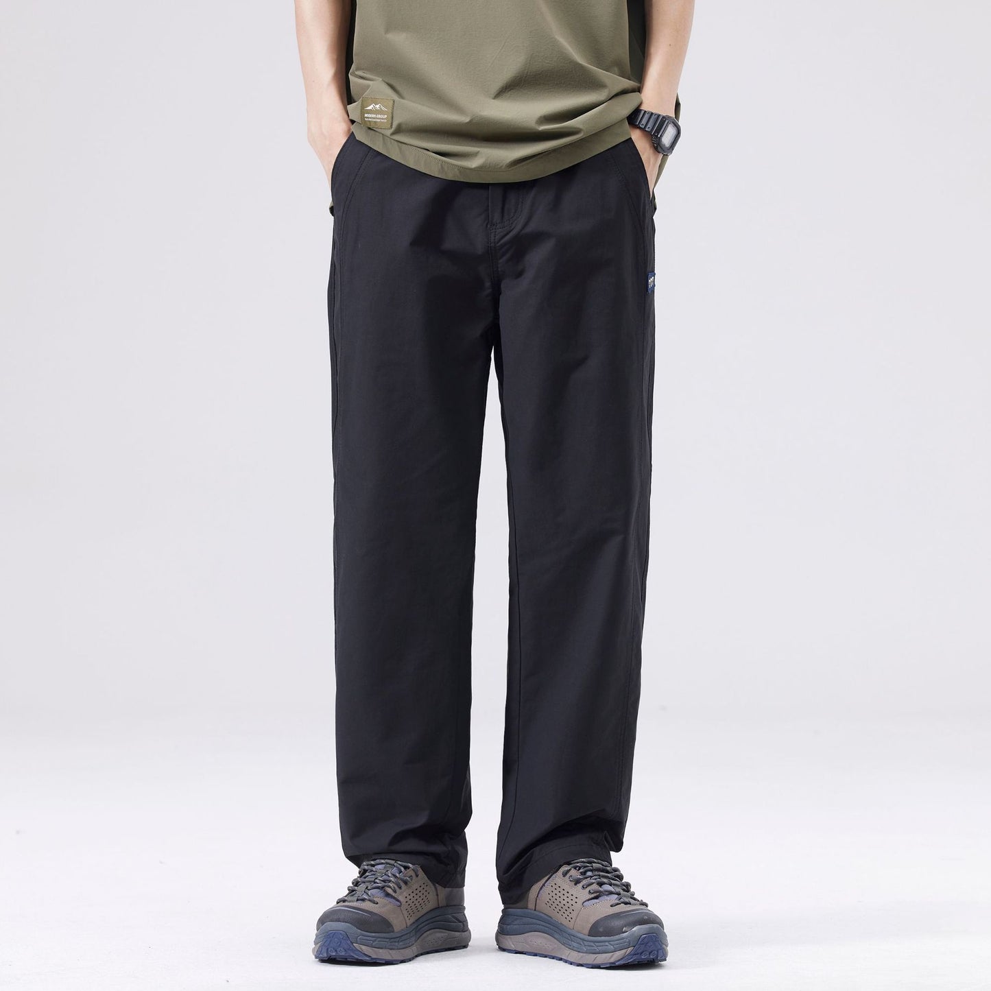 Men's casual pants with straight cut, mid-rise waistband, solid color, size range, weight-dependent fit