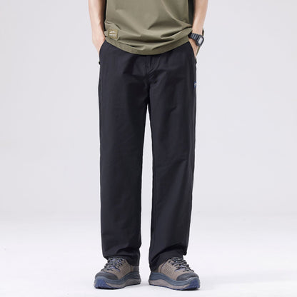 Men's casual pants with straight cut, mid-rise waistband, solid color, size range, weight-dependent fit