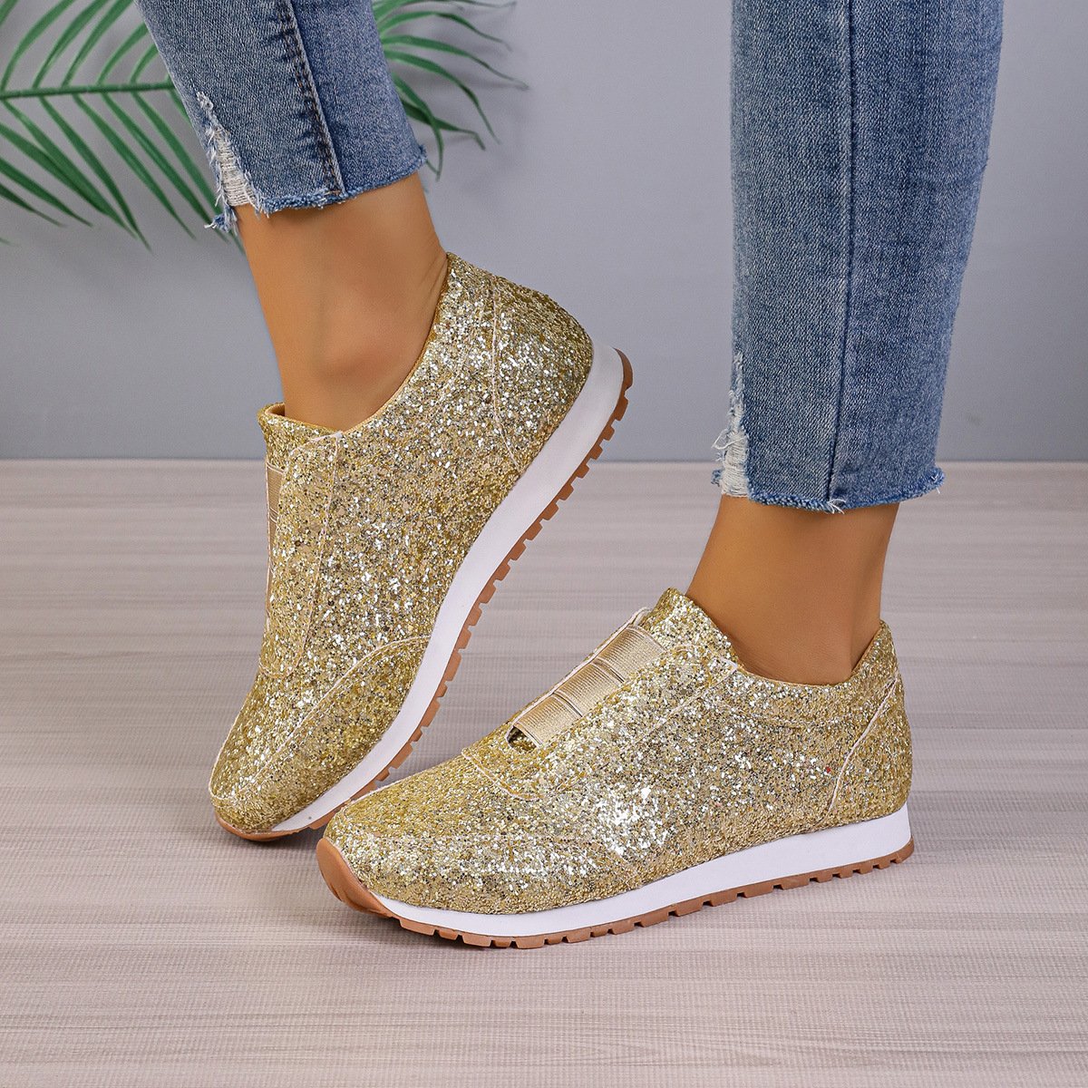Women's Slip-On Flat Shoes with Sequins and Round Toe