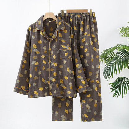 Men's Pajama Set, Two-Piece, Suitable for All Seasons, Long Sleeves, Pants, Yarn-Dyed Jacquard Gauze, Double-Layered, Sheer, Matching Outfit, Lightweight