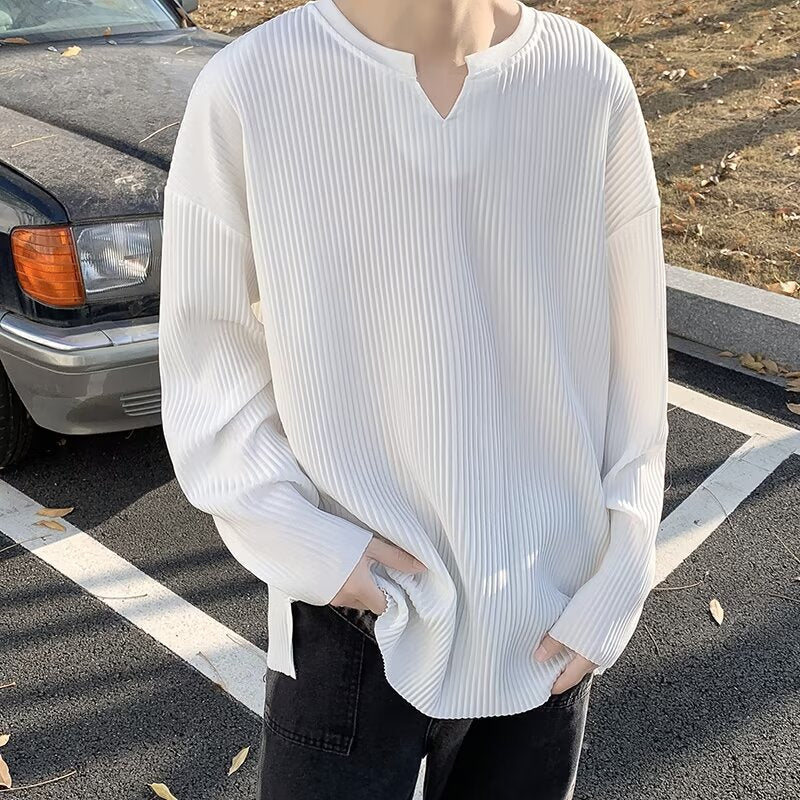 Men's Long-Sleeve Sweater with Striped Texture