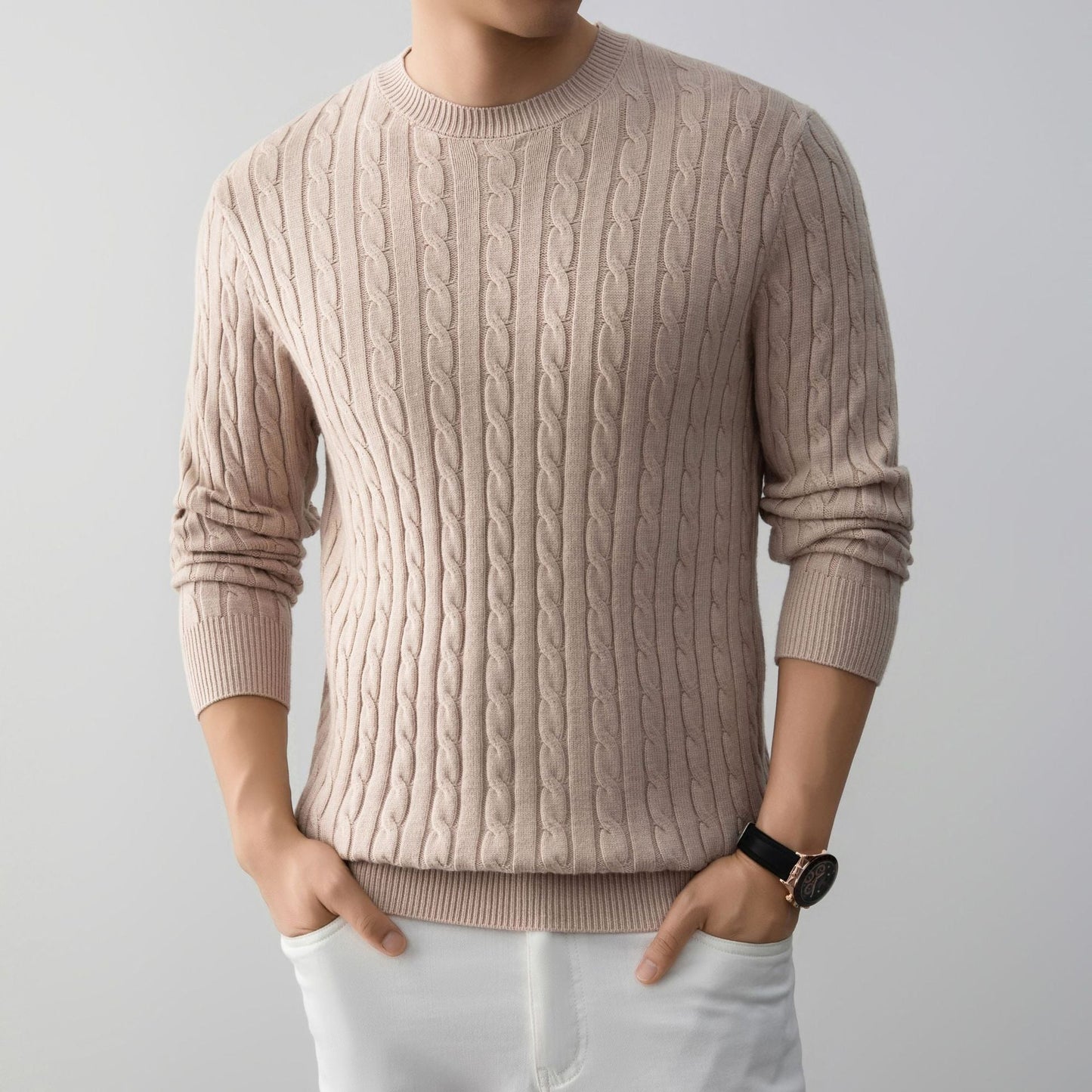Herren Jacquard Pullover Lockerer Schnitt Langarm – Woll-Mischung