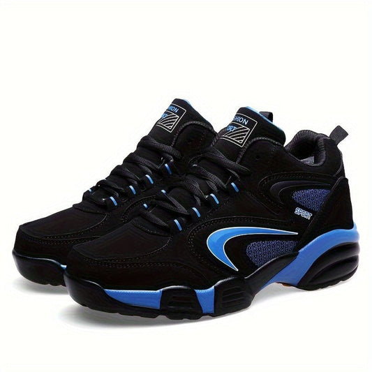 Schwarze und blaue Sportschuhe mit Schnürsenkeln, atmungsaktivem Mesh und gepolsterter Sohle. Ideal für Laufen und Fitness. Herren Sneaker.
