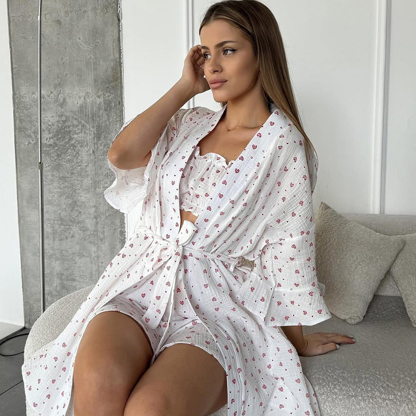 Damen-Ganzjahres-Pyjama-Set, Bestehend Aus Langärmeligem Tube-Top Und Shorts