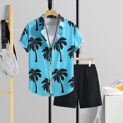 Men's Summer Short Sleeve Shirt and Pants Set Casual Two-Piece Suit Solid Color Lightweight Outfit