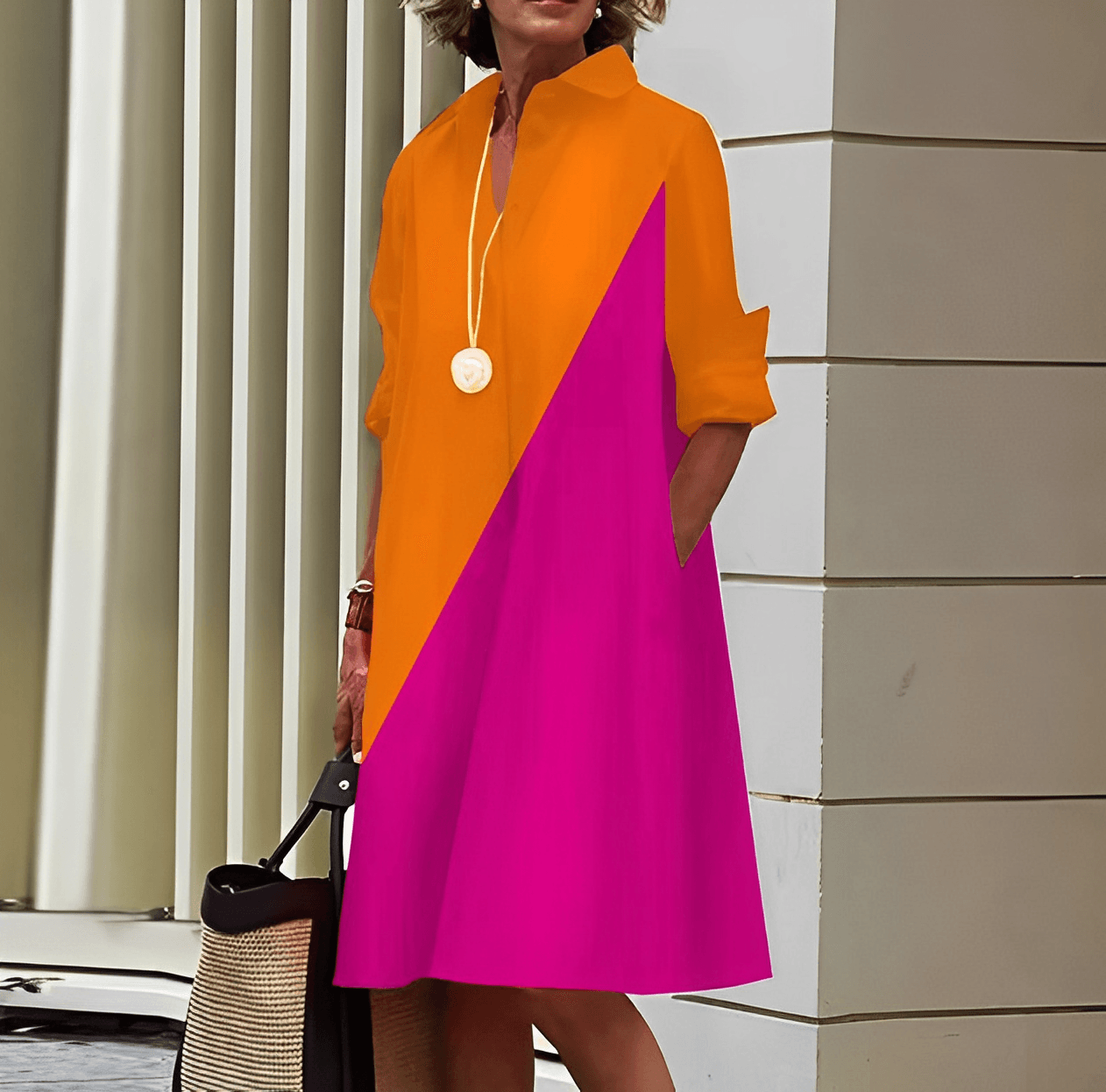 Frau in einem farbenfrohen Kleid mit orange-pinkem Design, steht vor moderner Architektur, trägt eine Halskette und hält eine Strohtasche.