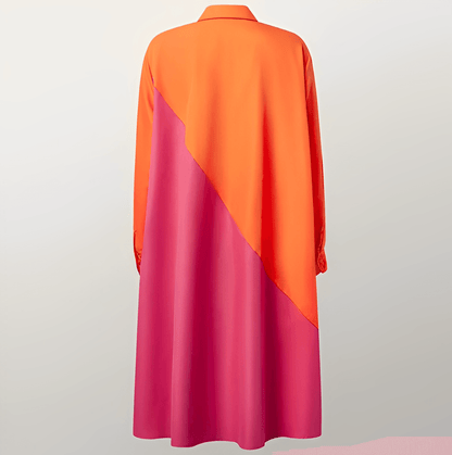 Langes Damenkleid in leuchtendem Orange und Pink, asymmetrisches Design, modisch, elegant, ideal für Sommermode und trendige Outfits.