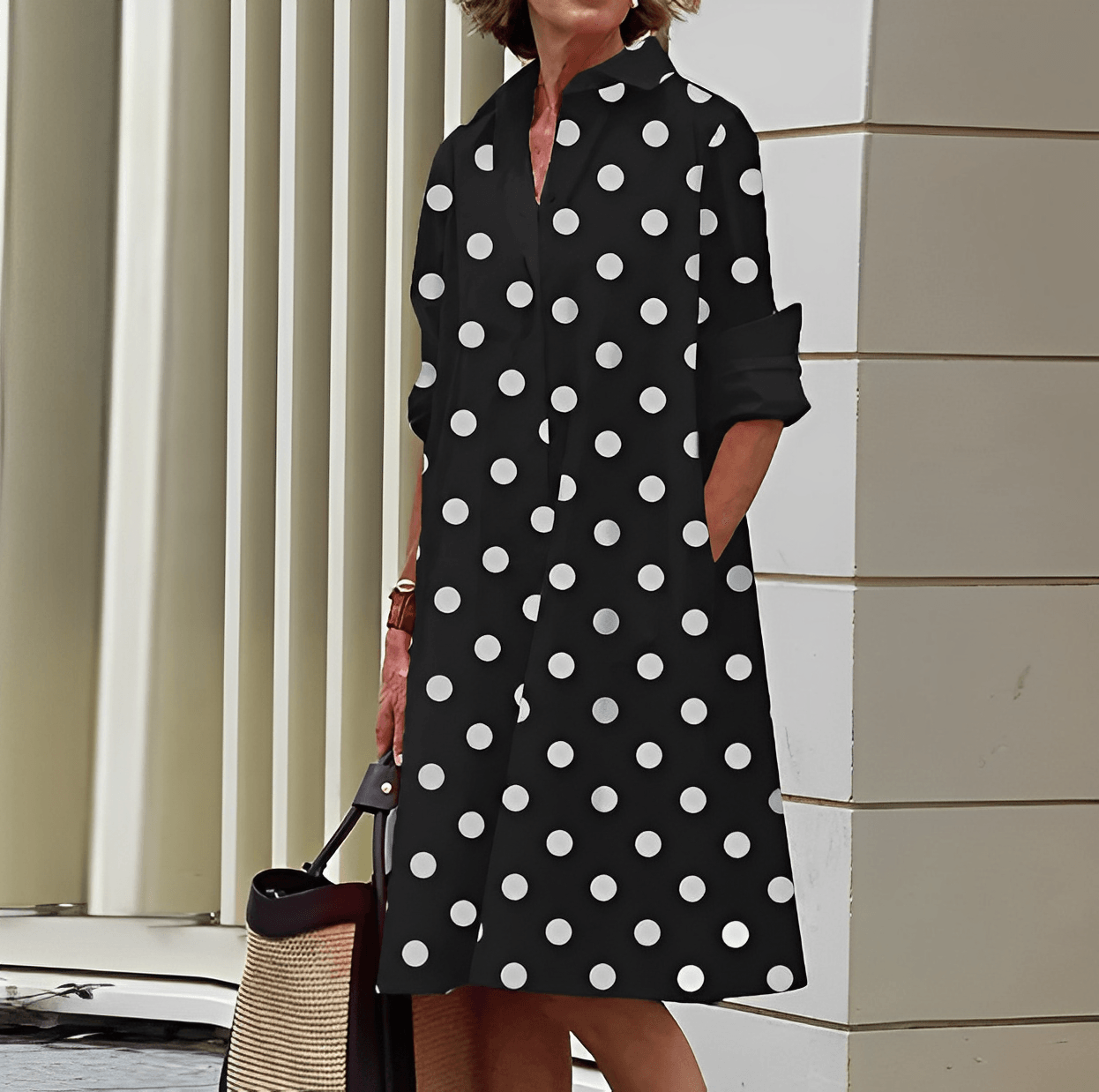 Frau in schwarzem Kleid mit weißen Punkten, steht neben einer Wand, hält eine Strohtasche. Modetrend, gepunktetes Kleid, Sommermode.
