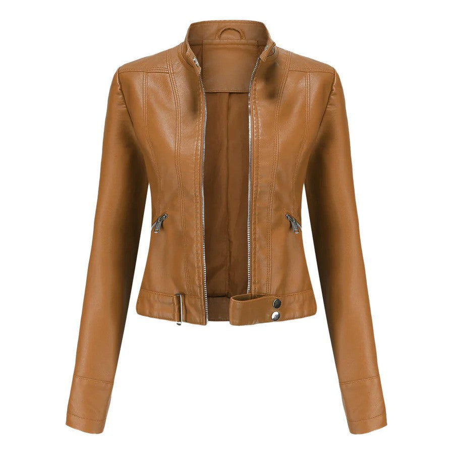 Braune Damen-Lederjacke mit Reißverschluss, Stehkragen und Taschen. Modische Herbstjacke, ideal für trendbewusste Frauen.