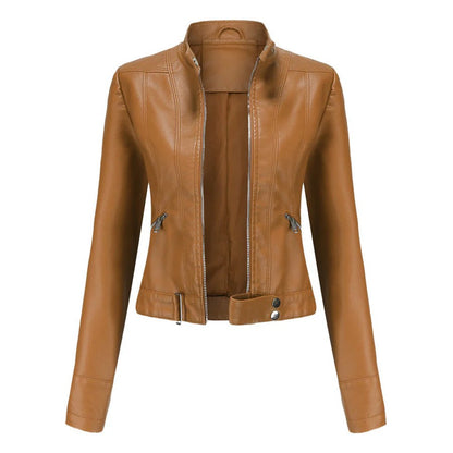 Braune Damen-Lederjacke mit Reißverschluss, Stehkragen und Taschen. Modische Herbstjacke, ideal für trendbewusste Frauen.