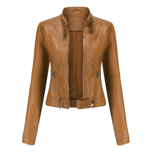 Braune Damen-Lederjacke mit Reißverschluss, Stehkragen und Taschen. Modische Herbstjacke, ideal für trendbewusste Frauen.
