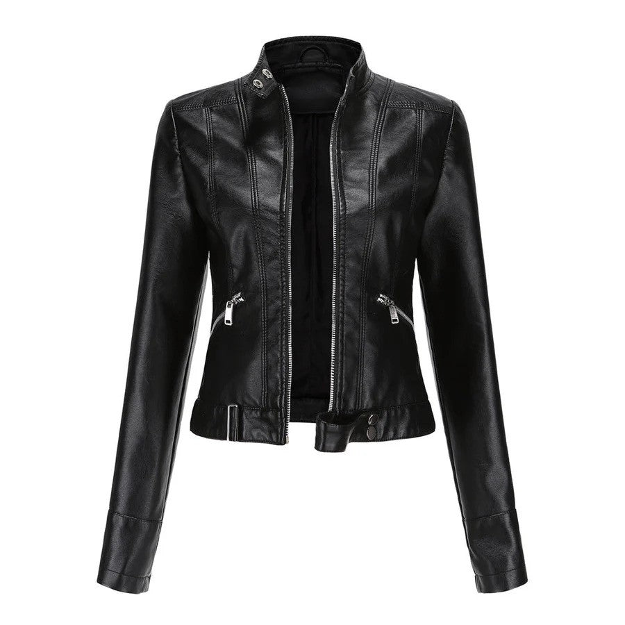 Schwarze Lederjacke für Damen, modisch, mit Reißverschlüssen und Stehkragen, ideal für Herbst und Winter, stilvoll und vielseitig kombinierbar.