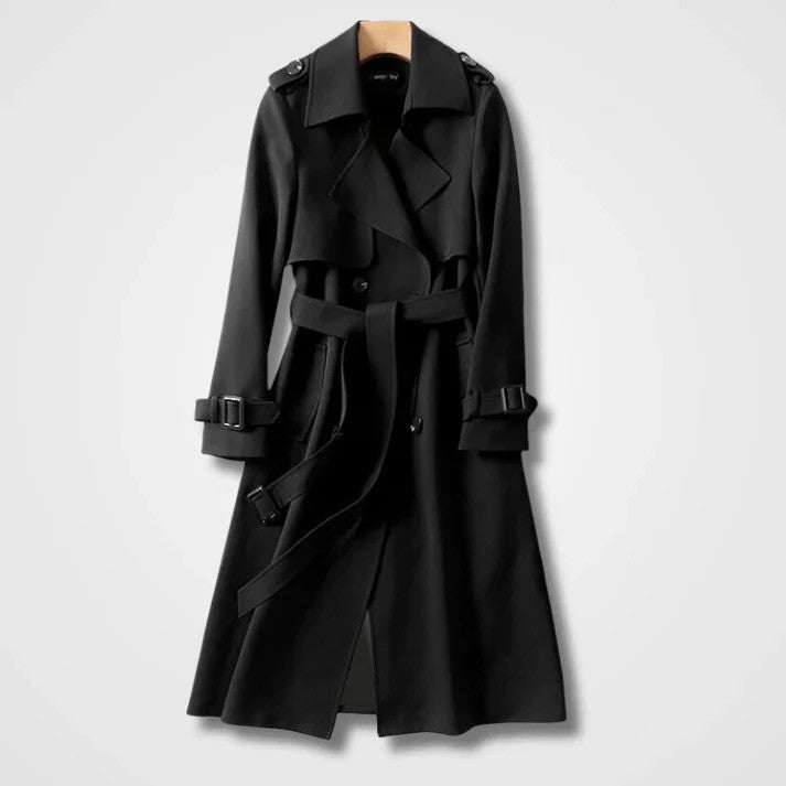 Schwarzer Trenchcoat aus Baumwolle, klassisches Design mit Gürtel und Knöpfen, ideal für Herbstmode und elegante Outfits.