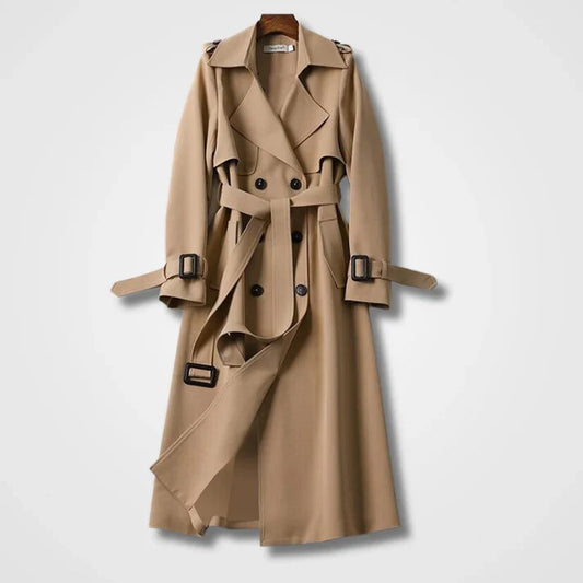 Beiger Trenchcoat mit Gürtel, doppelreihig, klassischer Stil, Herbstmode, Damenmantel, elegantes Design, hochwertige Oberbekleidung.