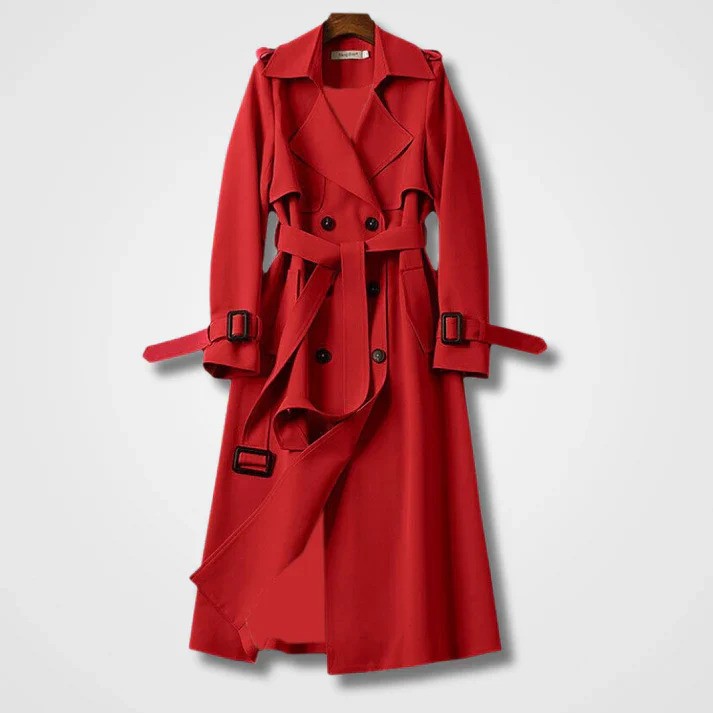 Roter Damen-Trenchcoat mit Gürtel, Knöpfen und Schulterklappen, elegantes Design, modische Herbst- und Winterbekleidung.