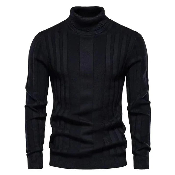 Schwarzer Rollkragenpullover für Herren, gestrickt, mit vertikalen Streifen. Modischer, warmer Winterpullover, ideal für elegante Freizeitoutfits.
